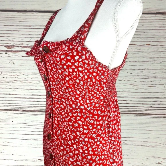 Joyous Red Floral Button Front Midi Dress – Smocked Back – Size M - Picture 3 of 8